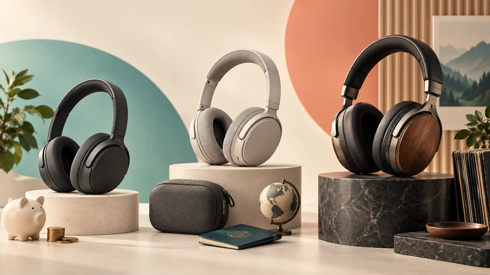 Three unbranded over-ear headphones arranged from budget to premium on studio pedestals