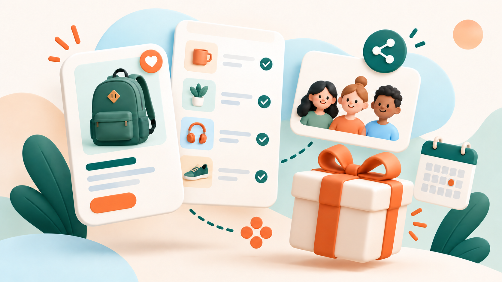Illustration of Listwell product cards, organized lists, sharing, and a gift for surprise planning